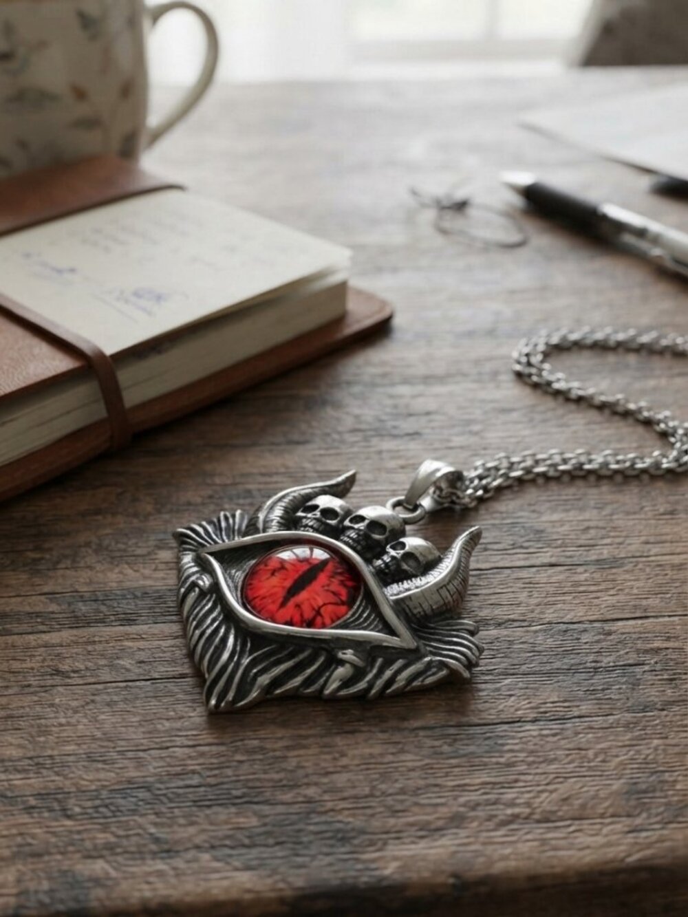 Mens Evil Eye Oxhorn Demon Skull Pendant